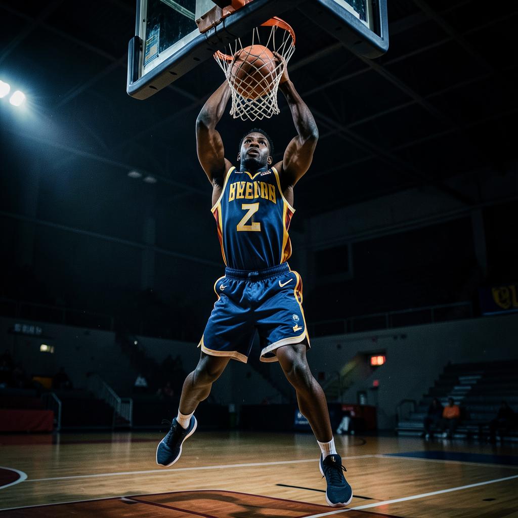 Joueur de basket au dunk dans une salle sombre