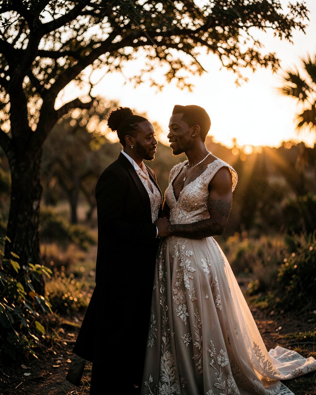 Couple de mariés au coucher du soleil